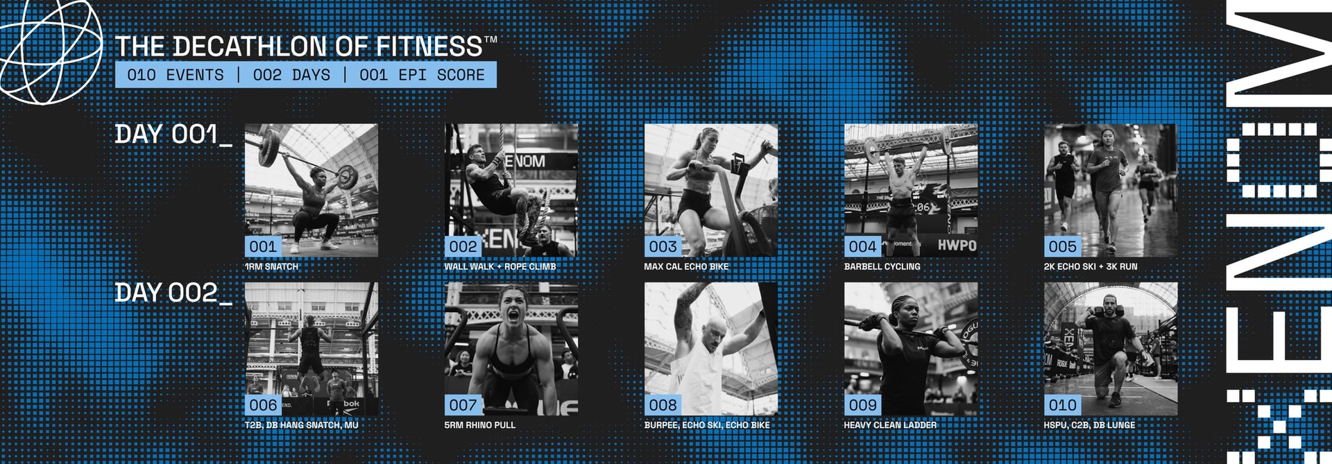 XENOM — The Decathlon of Fitness: 010 events, 002 days, 001 EPI score. Day 001 is 001 1RM snatch, 002 wall walk + rope climb, 003 max cal Echo Bike, 004 barbell cycling, 005 2K Echo Ski + 3K run. Day 002 is 006 T2B, DB hang snatch, MU, 007 5RM rhino pull, 008 burpee, Echo Ski, Echo Bike, 009 heavy clean ladder, 010 HSPU, C2B, DB lunge.